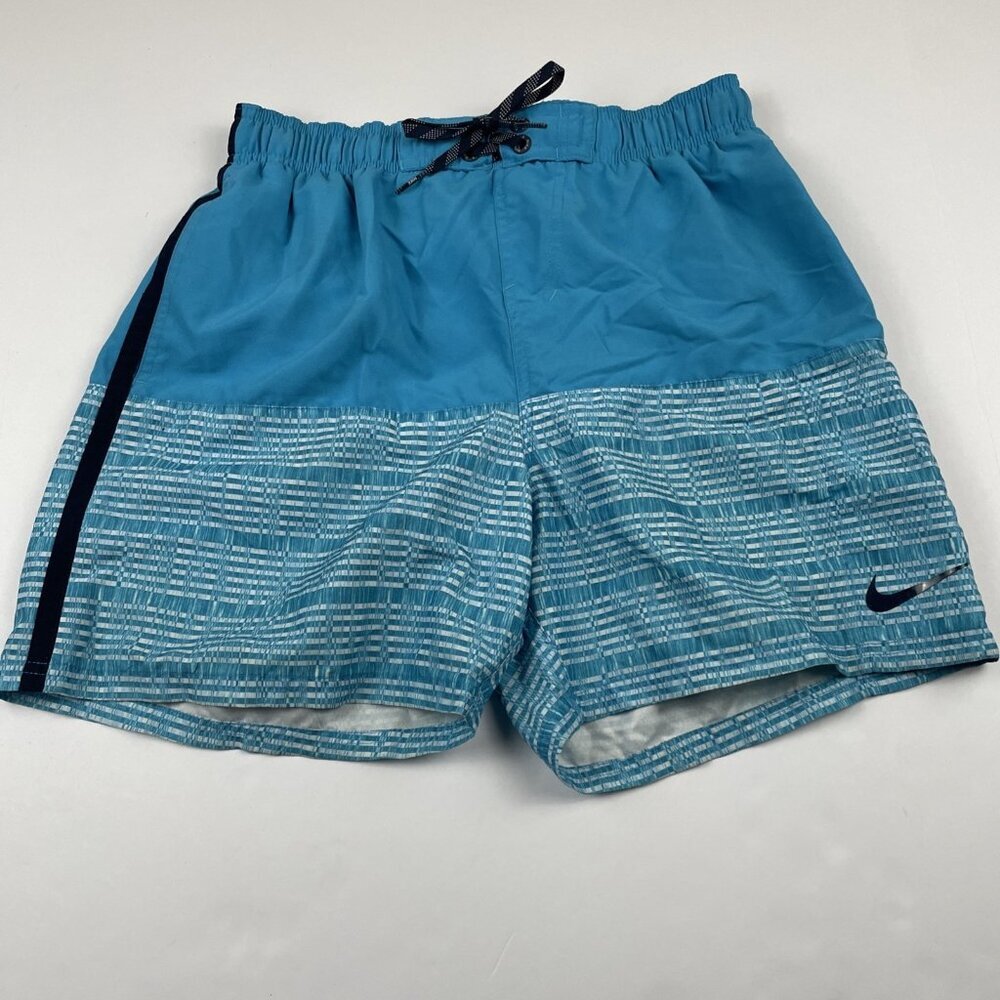 Nike Swim Trunks Board Shorts Men’s M Blue Geometric Mesh Lined Drawstring